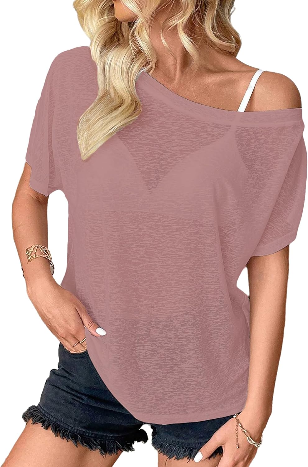 Off The Shoulder Tops for Women Sexy Mesh See Through Short Sleeve Summer Shirt