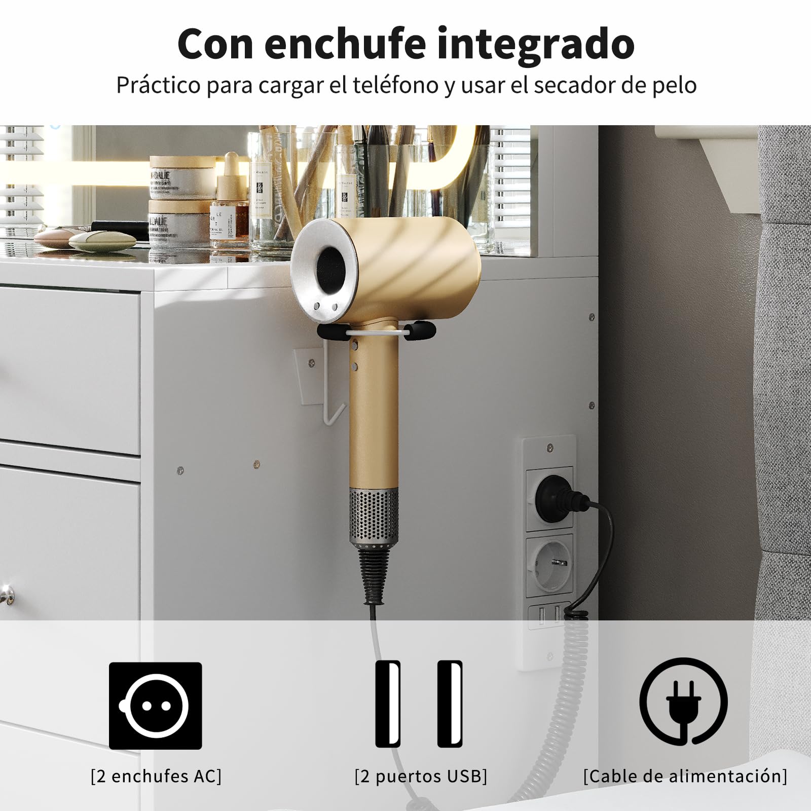 Yanosaku Tocador de Maquillaje con Espejo LED y Taburete, 9 Cajones, Mesa de Cristal y Tomas de Corriente, 3 Modos de Luz Regulables, Panel Plegable, Tocador Moderno Blanco para Dormitorio