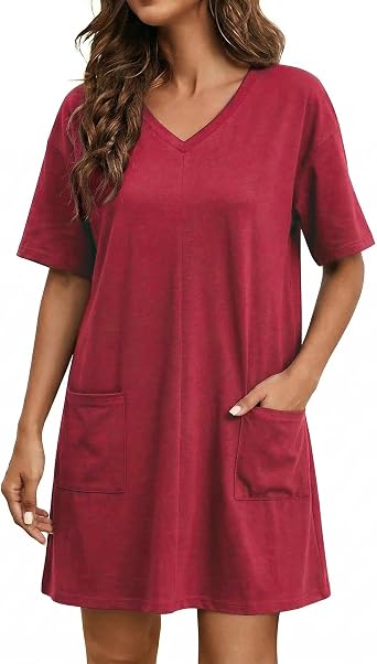 Marvmys Women Cotton Nightgowns Oversized Short Sleeve Lounge Dress Soft Comfy Nightshirts with Pockets Sleepwear S-2XL