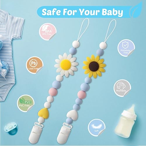 Miniatura 4 de Clip de silicona para chupete, paquete de 2 soportes para chupón para niños y niñas, adorables clips de girasol para chupete se adapta a la mayoría