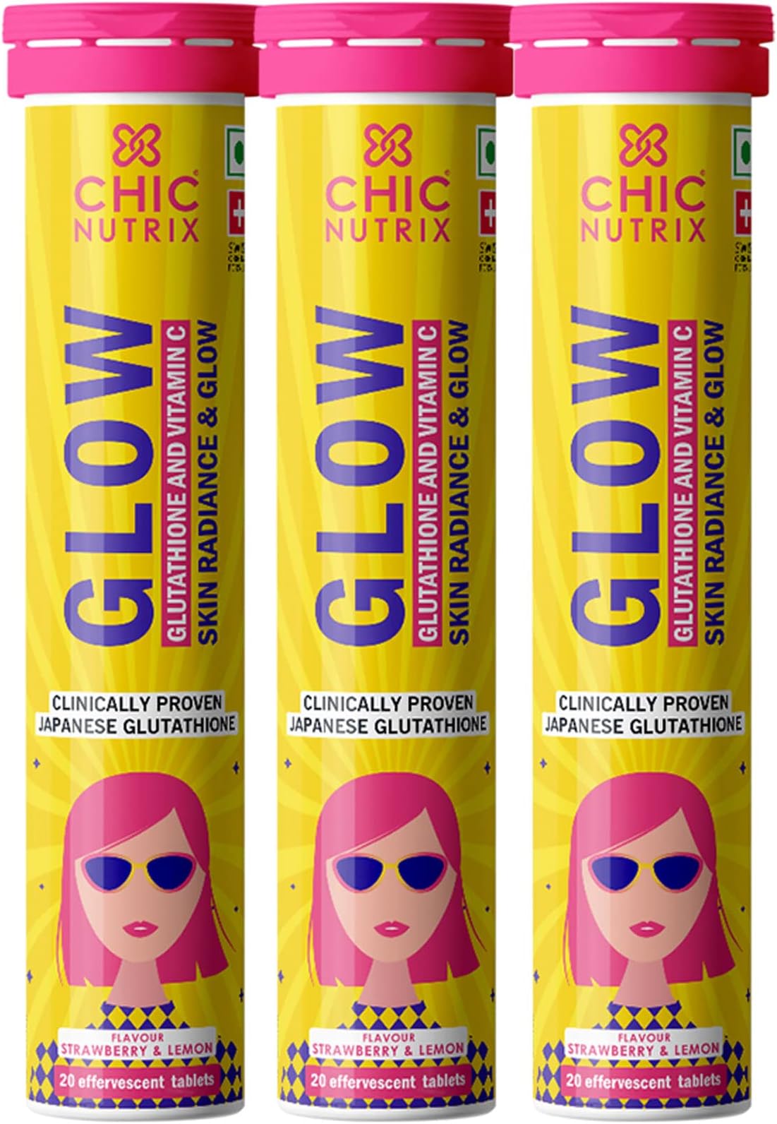 Chicnutrix Glow Glutathione Effervescent Tablets with Vitamin C |Japanese Glutathione 500mg For Radiant, Even-Toned and Glowing Skin | Sugar-Free| Strawberry Lemon Flavour, 20 Tablets (Pack of 3)