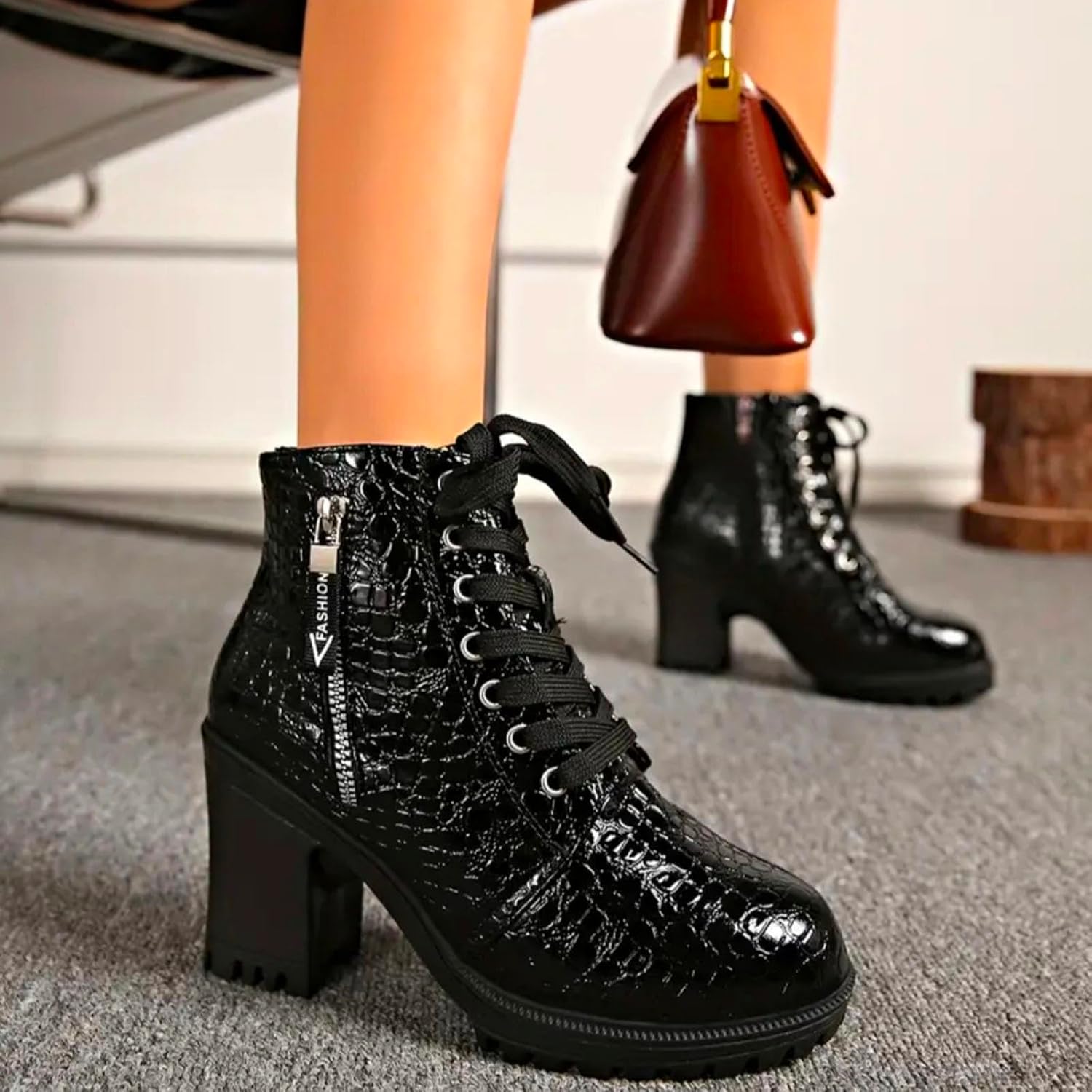 Women Embossed Combat Boots Chunky Block Heel Lace Up Ankle Booties