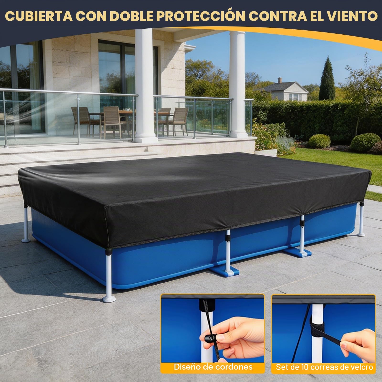 Cubierta de Piscina Rectangular con Fijar lengüetas de tracción e Cordones, Funda Piscina con Tapa Profunda, Resistente al Viento y a la Lluvia, a Prueba de Polvo para jardín al Aire Libre