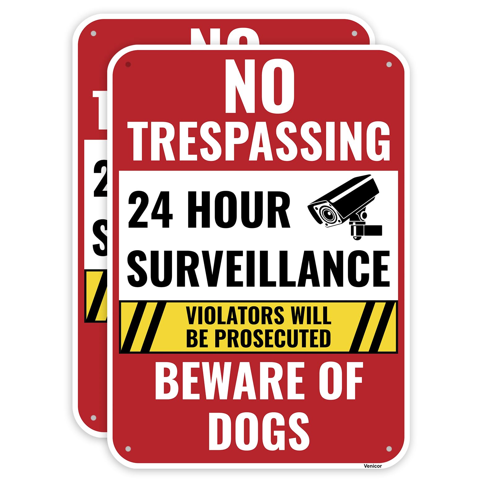 2 Pack 24 Hour Surveillance Sign, 8" x 12" Inches - Aluminum - Beware Of Dog Private Property No Trespassing - Security Camera Metal Warning Sign