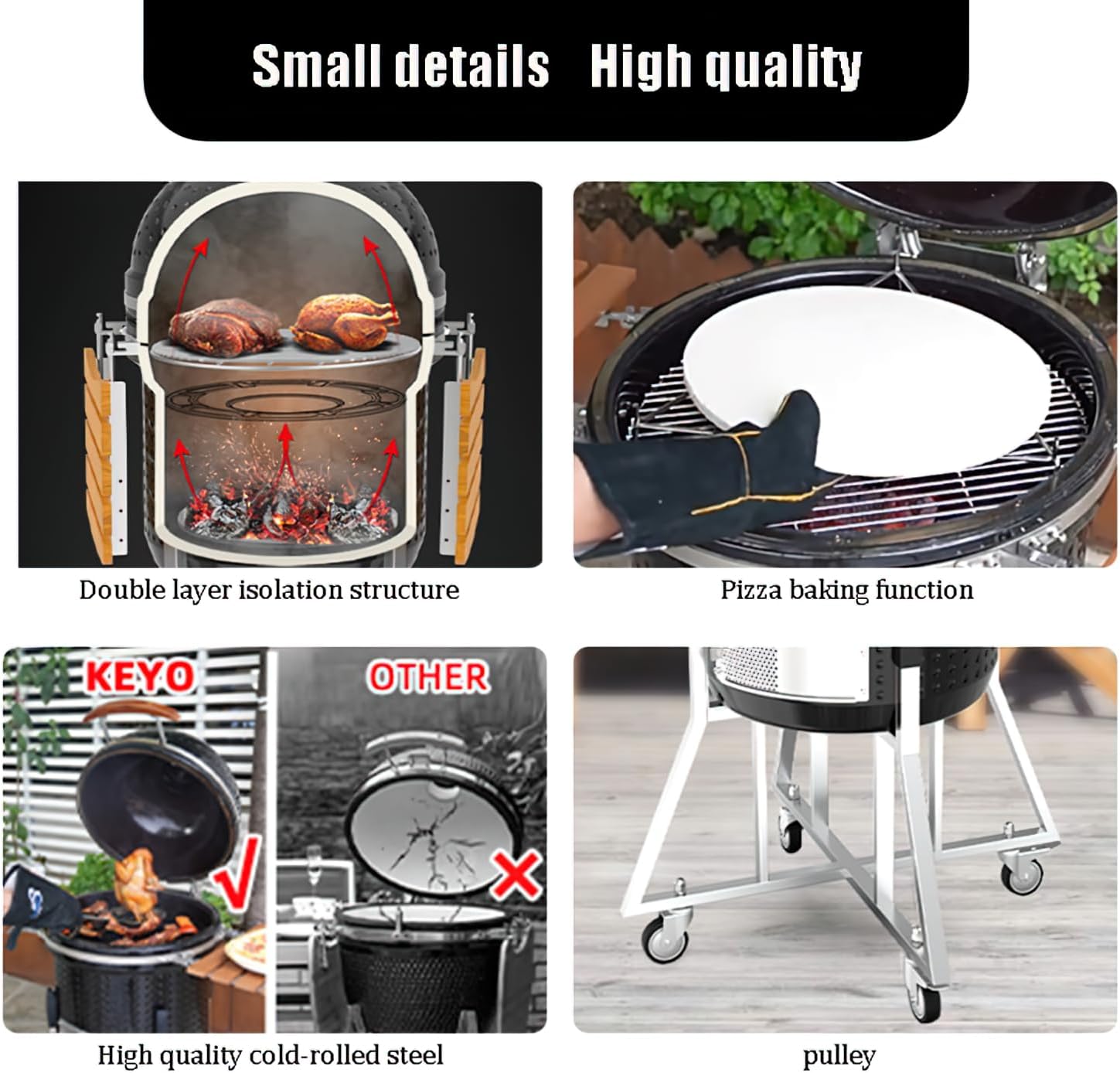 22-Inch Ceramic Kamado Grill, Black, Double-Layer Insulated BBQ Smoker with Pizza Function, Steel Frame, Wooden Side Tables, 52.76x29.13x47.64 Inches