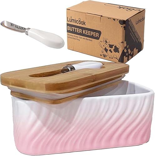 Mantequera grande de cerámica con tapa de madera, contenedor grande de almacenamiento de mantequilla con esparcidor de cuchillos de mantequilla de