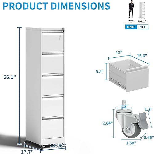 Vista 3 de Archivador de 5 cajones con cerradura, archivadores de metal sobre ruedas, cajones verticales de acero para oficina, almacenamiento para colgar