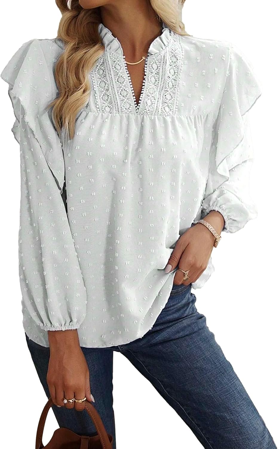 Womens Fall Long Sleeve Babydoll Tops Boho Lace Crochet Swiss Dot Dressy Casual Shirts Flowy Blouses Outfits - Image 4