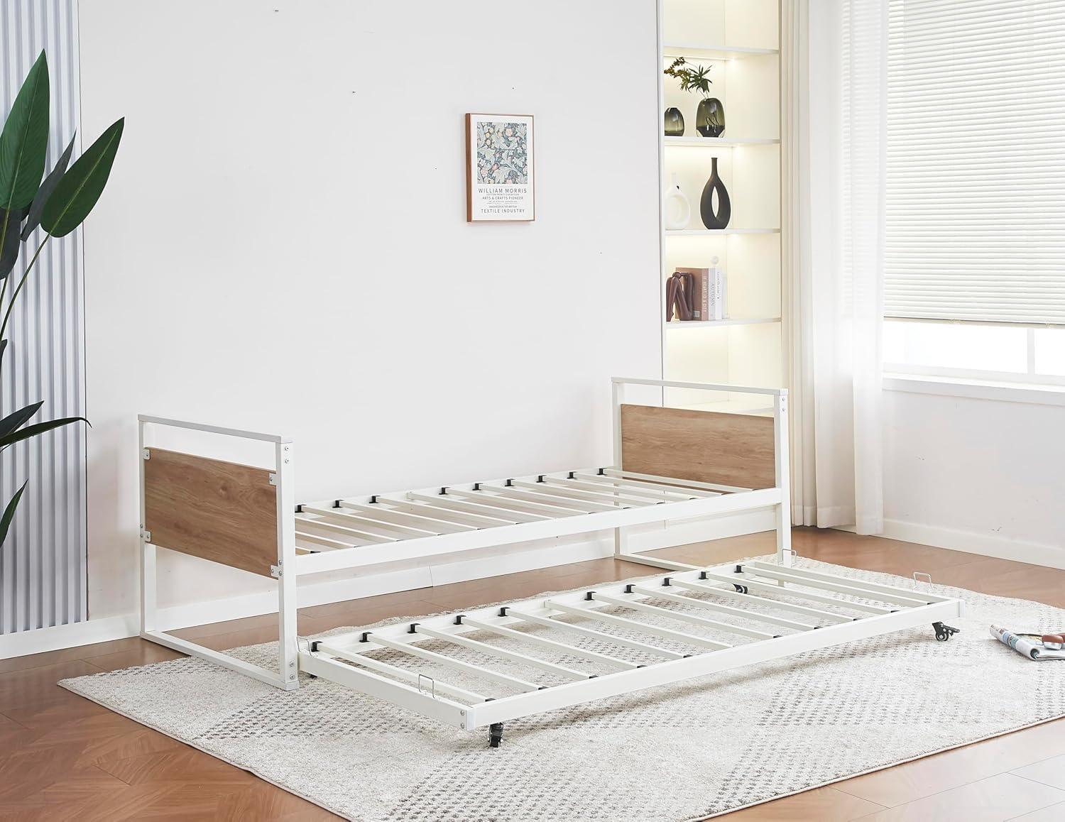 Cama Nido Metálica 90x190 Blanco Madera Natural Estructura con Cabecero y Piecero