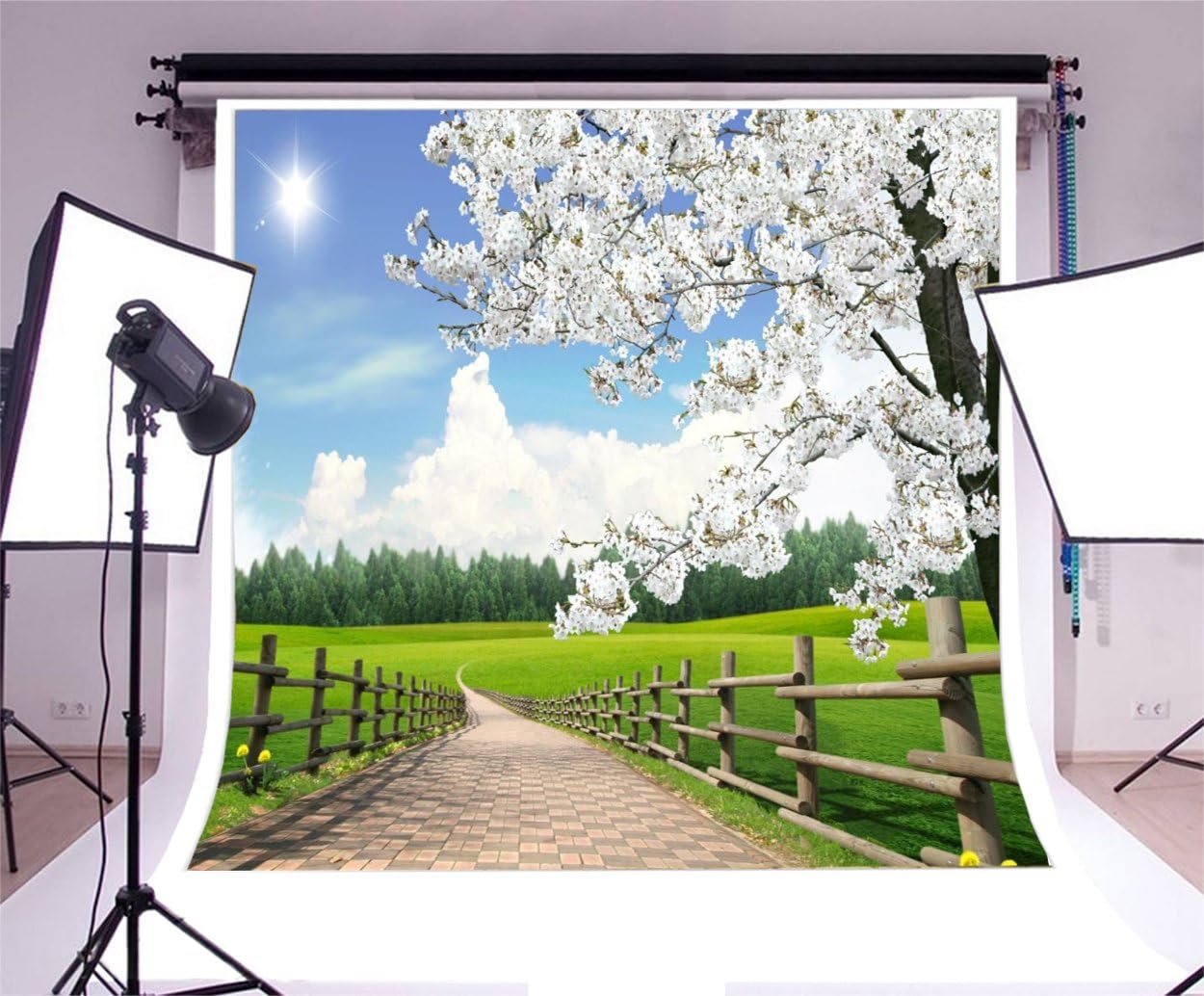 Get Popular Offer AOFOTO 10x10ft Spring Farm Scenery Photography Background Blossom Flower Tree Backdrop Rural Fence Walkway Lawn Sunny Blue Sky Park Outdoor Natural Landscape Photo Studio Props Adult Boy Girl Portrait