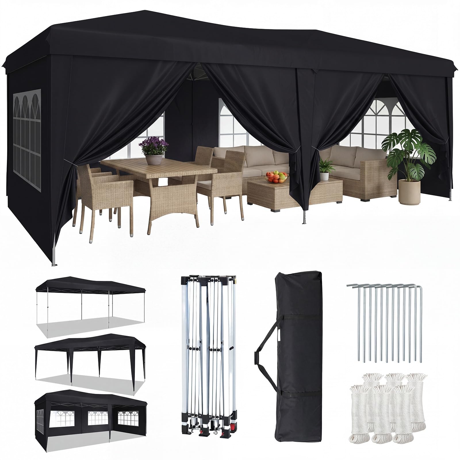 Aoxun Pop Up Gazebo 3x6m with 6 Removable Sidewalls, Waterproof Instant 10x20ft Tent, UV Protected Large Heavy Duty Party Canopy for Outdoor Events and Weddings (Black) โ image 1