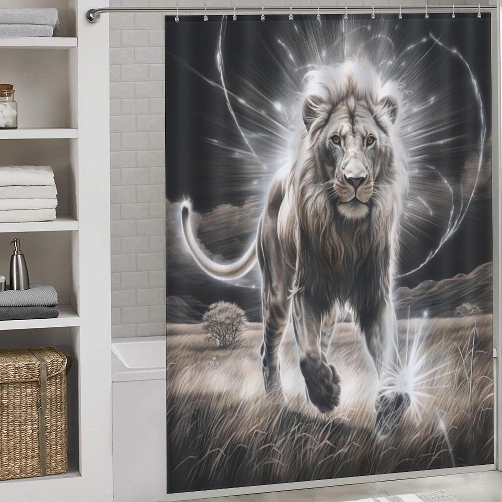 Rideau de douche lion tissus polyester imperméable lavable avec 12 crochets