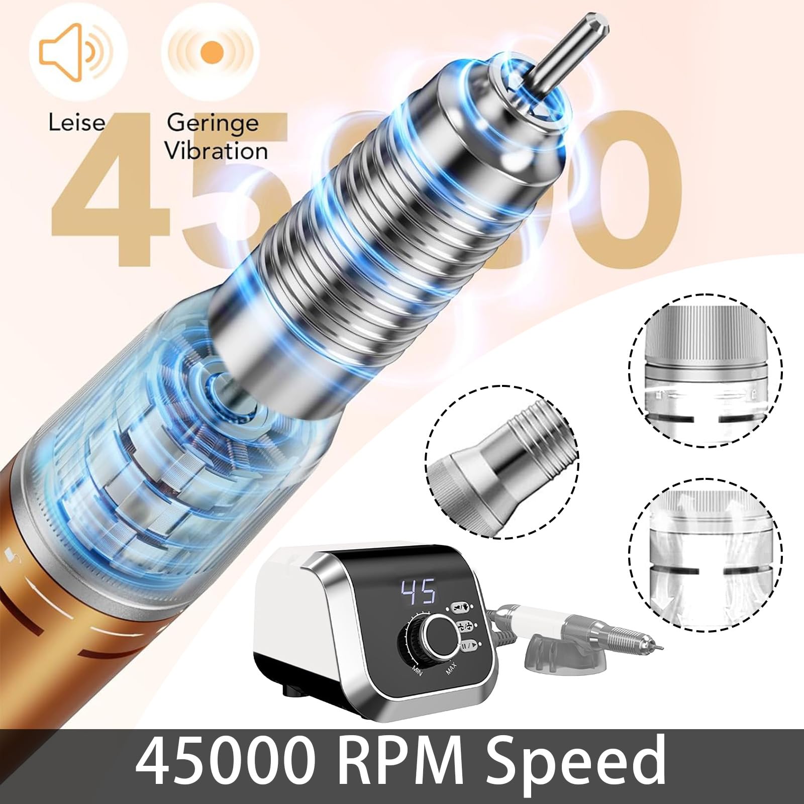 Torno para Uñas, 45,000 RPM Torno para Uñas Profesional, Limas de Uñas Profesionales con 45 Niveles Ajustables y Pantalla LCD, Set de Lima Electrica Uñas para Uso Doméstico y Salones de Uñas