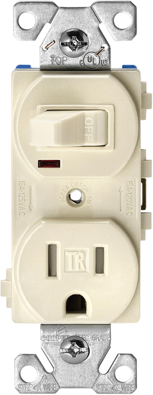 Eaton TR274LA 3-Wire Receptacle Combo Single-Pole Switch with Tamper Resistant 2-Pole, Light Almond
