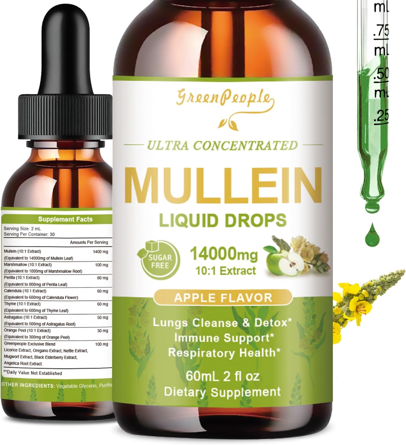 Mullein Leaf Extract Drops for Lungs - Mullein Leaf & Marshmallow Root Supplement - Lung Cleanse & Detox, Respiratory & Immune Support - Herbal Supplements, Apple Flavor, 2 fl oz