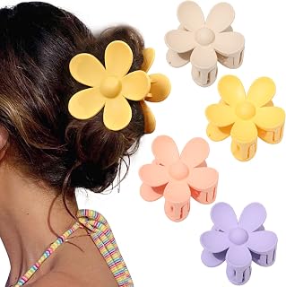 Flower Cute Hair Claw Clips - 4Pcs Flower Hair Clip Nonslip Strong Hold Hair 3 Inch Matte Small Flowers Claw Clips for Women and Girls (Yellow+Purple+Pink+Khaki)