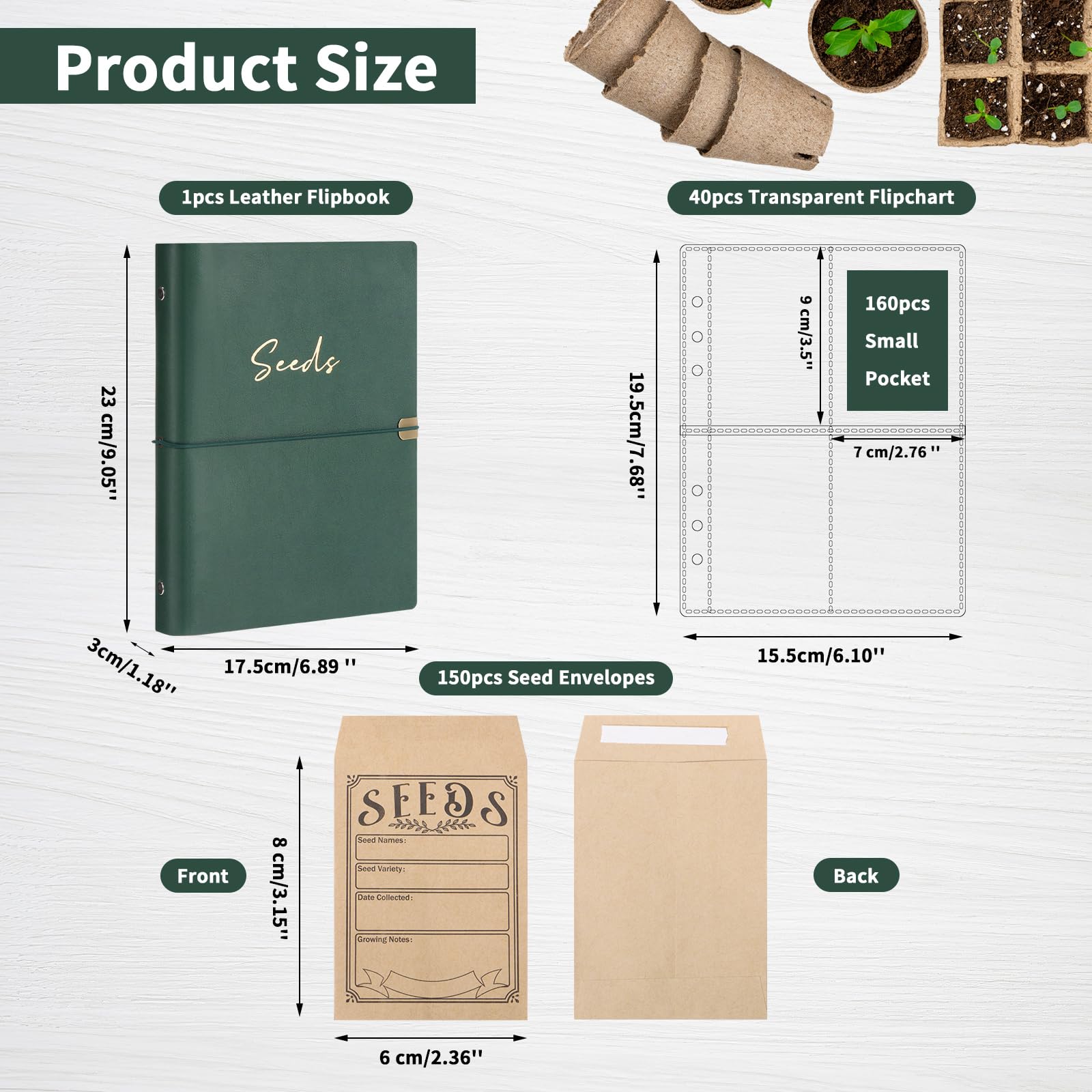 Carpeta organizadora de almacenamiento de semillas de jardín, 150 sobres de semillas resellables, carcasa marrón con 40 protectores de hojas para una organización eficiente de paquetes de semillas,