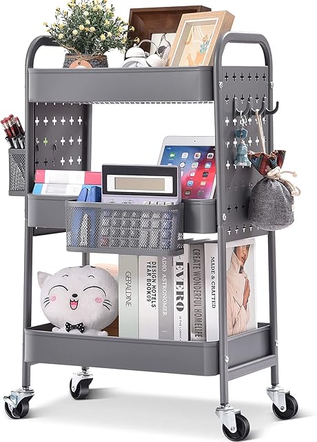 KINGRACK 3-Tier Rolling cart,Storage Trolley with DIY Dual Pegboards on 2 Sides,Utility Cart with Removable Baskets Hooks, Serving Storage Cart Easy Assemble for Office,Home,Kitchen,Classroom Grey