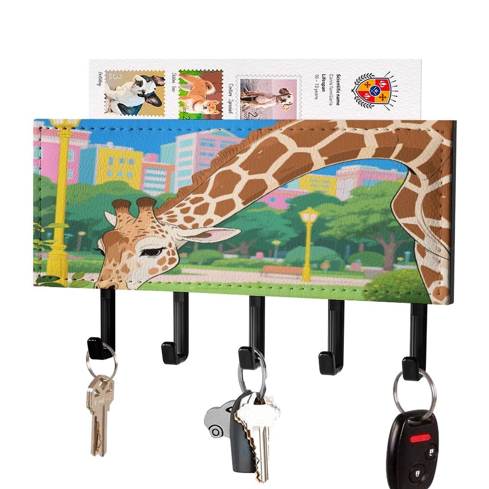Vstadank Black-Style Masai Giraffe Key Holder Wall Mount With 5 Key Hooks Hangers For Wall Decorative Pu Mail Rack Organizer With Shelf Wall Mounted Key Rack With Hooks For Entryway