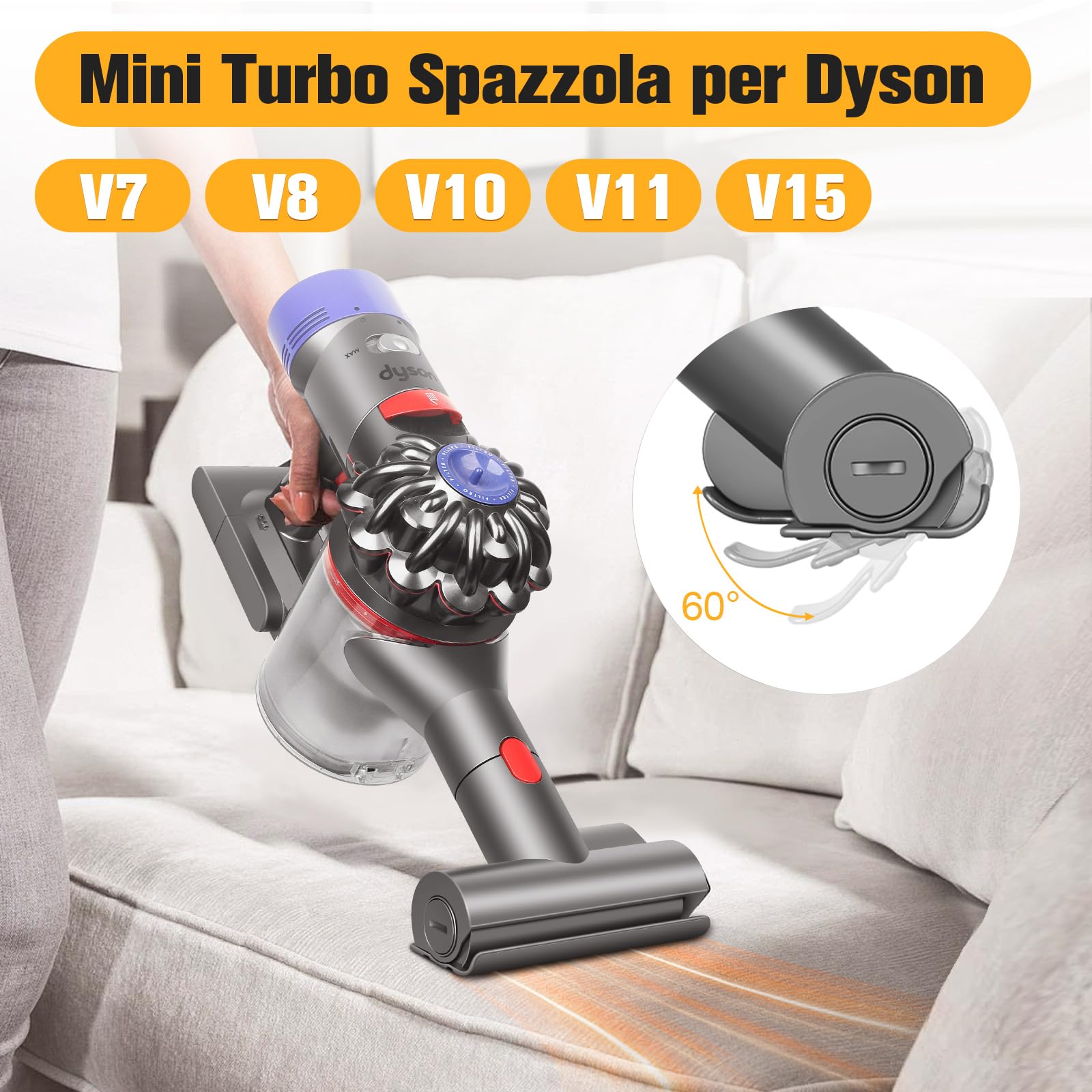 Mini Turbo Spazzola per Dyson V8 V11 V10 V15 V7 Spazzola Materassi Ricambi Divano Accessori Tessuti Spazzole Piccola Testina Motorizzata per Divano Sedile Poltrona Rimuove Batteri e Allergeni
