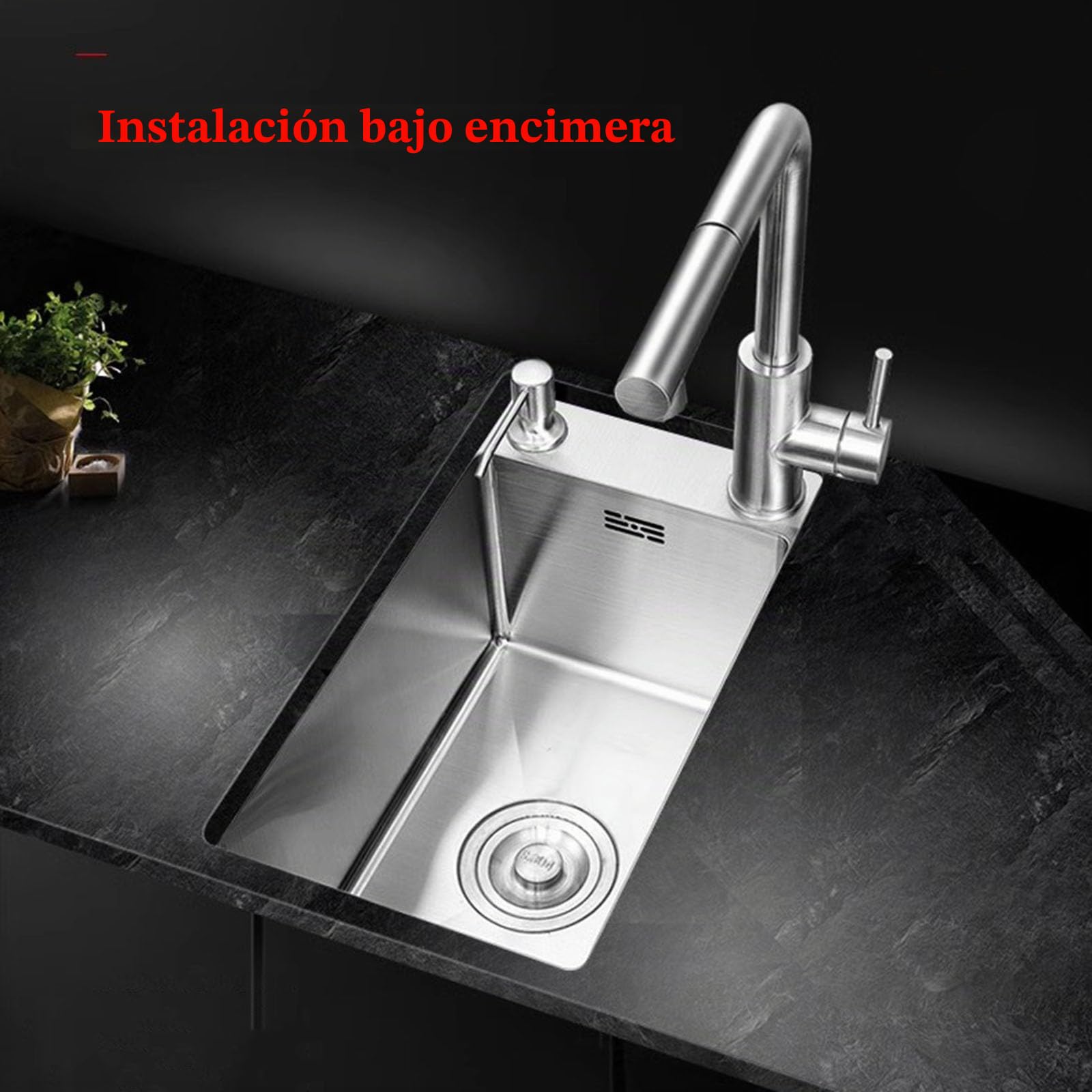 Fregadero de cocina fregadero de barra de bar 304 fregadero de acero inoxidable de un seno con grifo extraíble, dispensador de jabón, cesta telescópica (28 * 46 * 22cm, Plateado)