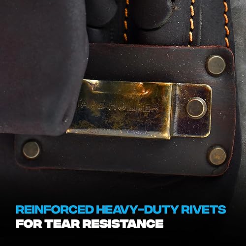 Miniatura 6 de OX Tools Bolsa de herramientas de cuero con 10 bolsillos, bolsa para tornillos y clavos, cuero curtido al aceite, lazo para martillo, soporte para