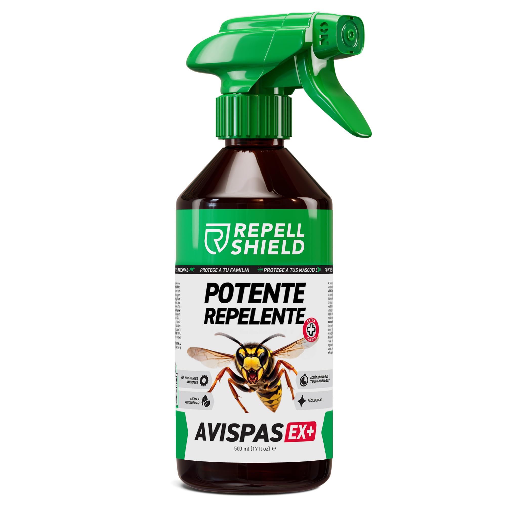 RepellShield® Spray Repelente Avispas Exterior e Interior - 500 ml - Antiavispas con Citronela y Geraniol - Seguro para Niños, Mascotas y Plantas - Protección para Jardín, Piscina, Terraza y Balcón