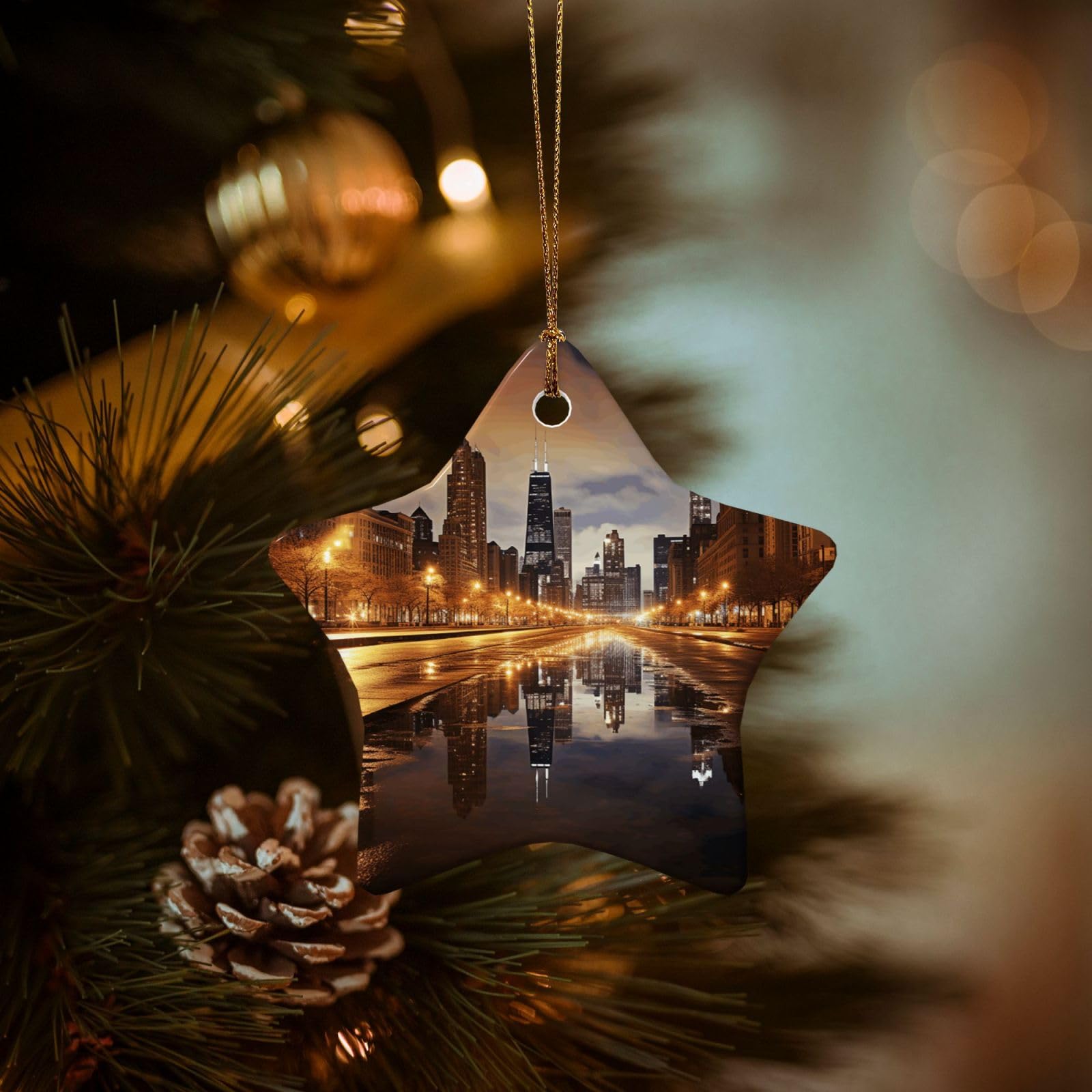 Christmas Ornaments for Christmas Tree Decoration Hanging Chicago Ornament with Gold Ribbon Crafts Star Shape Ceramic Pendant for Keepsake Gifts Xmas Decor Party Supplies