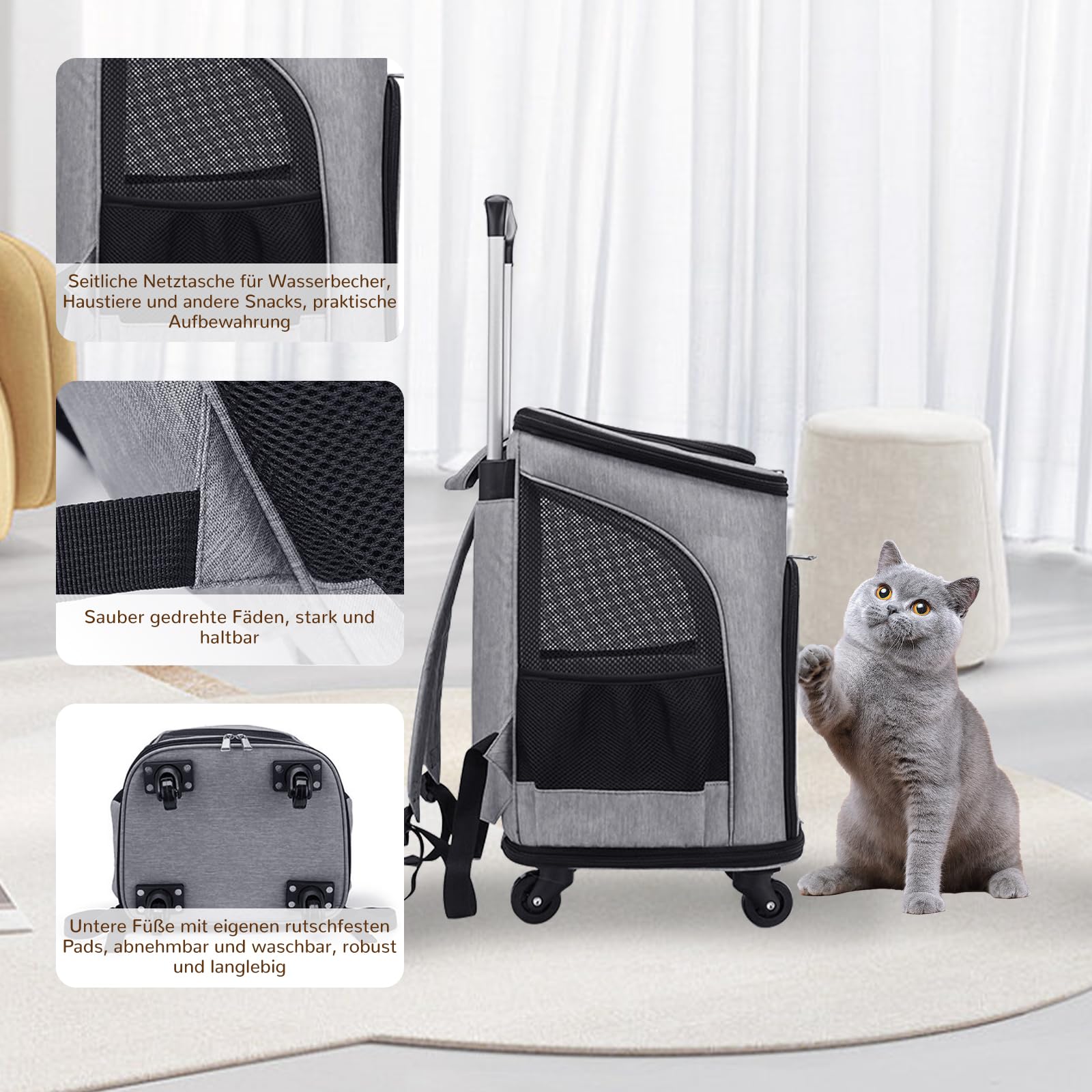 Zaino per cani con trolley, per gatti, fino a 10 kg, leggero, trasportino per cuccioli, animali domestici (grigio)