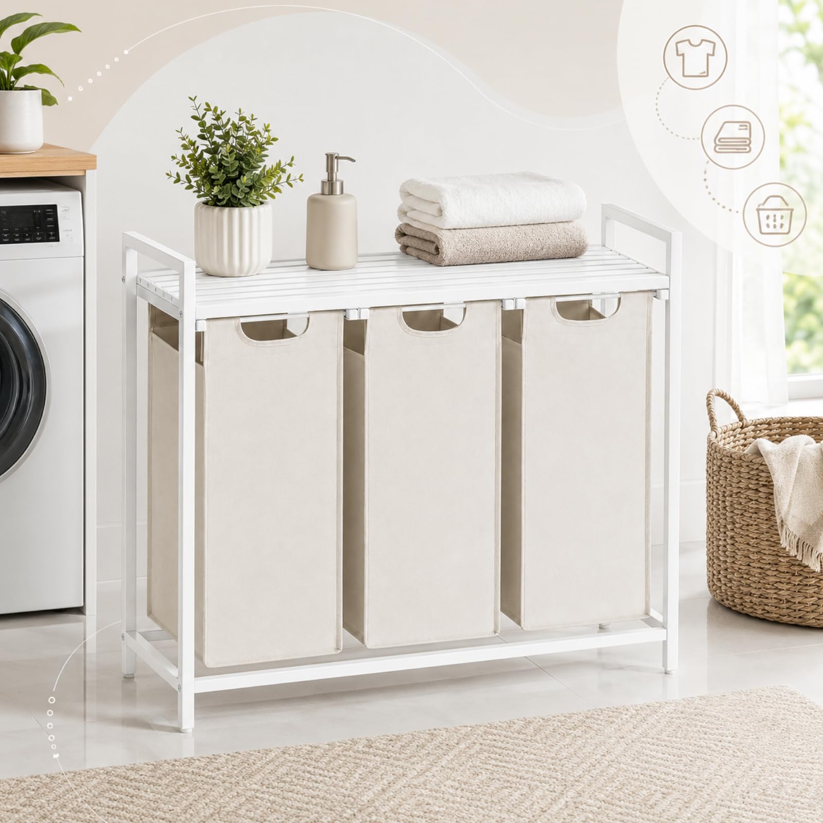 Wäschesammler 3 Fächer 114 L, Wäschekorb mit Ablage, 3 x 38 L, Sortierkorb aus Stoff, MDF und Metall, Weiß mit beigen Fächern, 92,5 x 33 x 71 cm