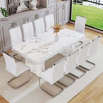 Ebullient Modern Dining Table Set for 10,White Dining Room Table Set for 10,78.7" Faux Marble Kitchen Room Table with 10 White Leather Chairs,11 Piece Dining Table Set for Dining Room Kitchen