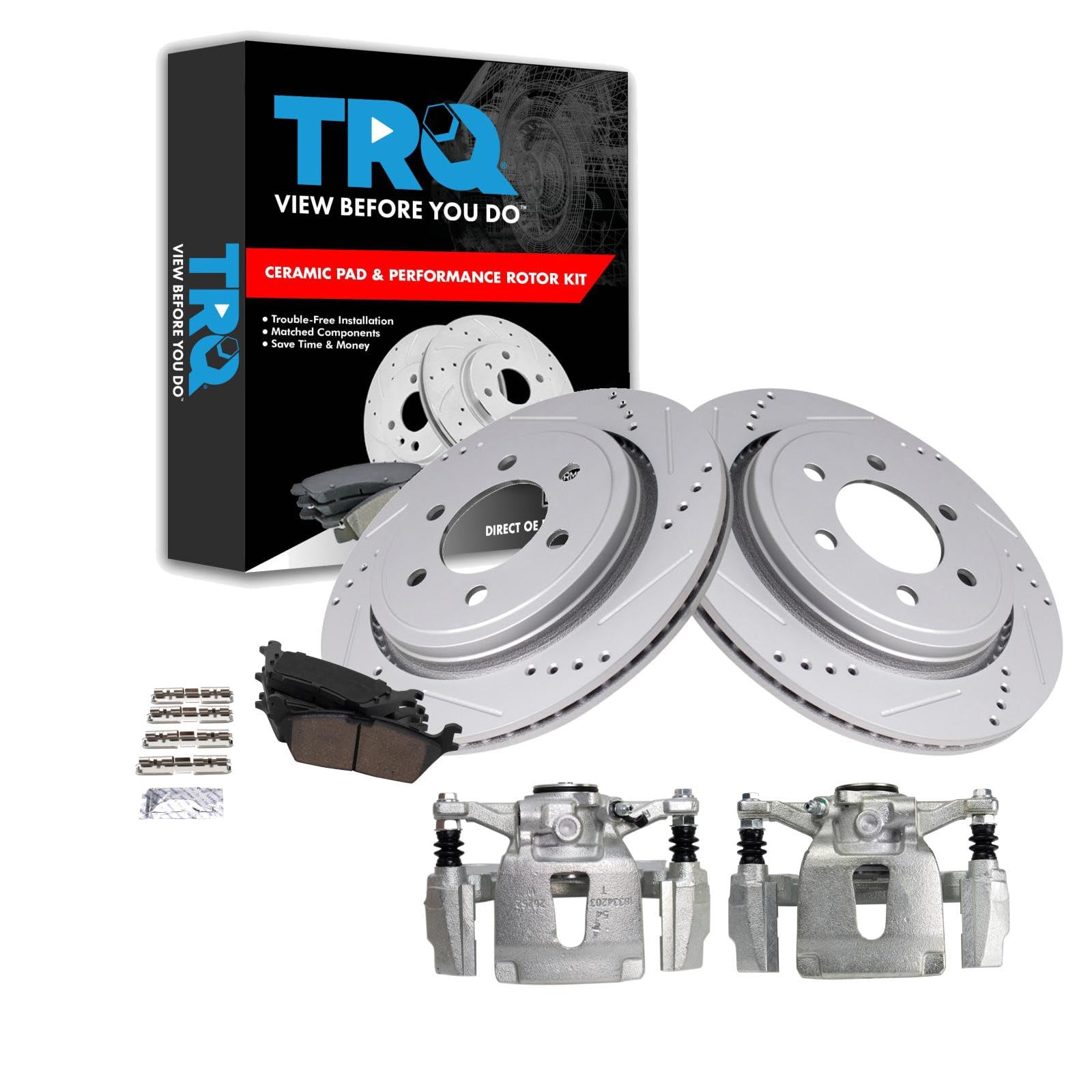TRQ Rear Performance Brake Pad, Caliper, &amp; Rotor Kit Ceramic Vented Premium G-Coated Compatible with 2015-2017 Ford F-150
