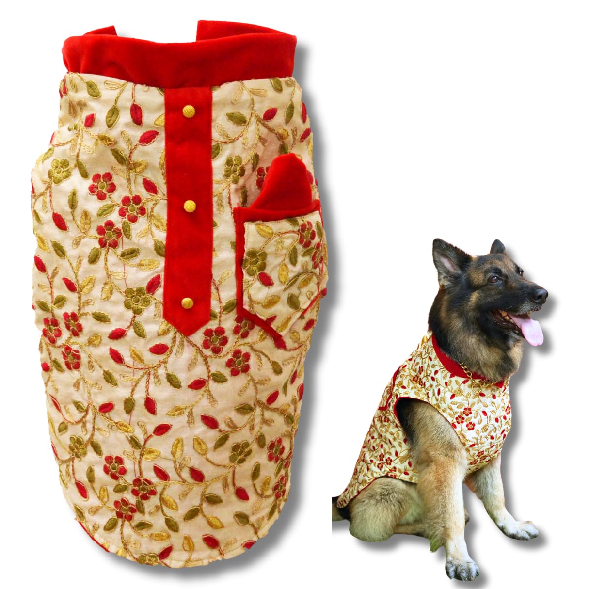 Kitty & The Woof Gang Gold Sherwani with Gold & Red embroidery | Red collar and pocket | for weddings and parties - 22 Inch-XXL (Large) (B08WPJDFS8) Amazon Price History, Amazon Price Tracker
