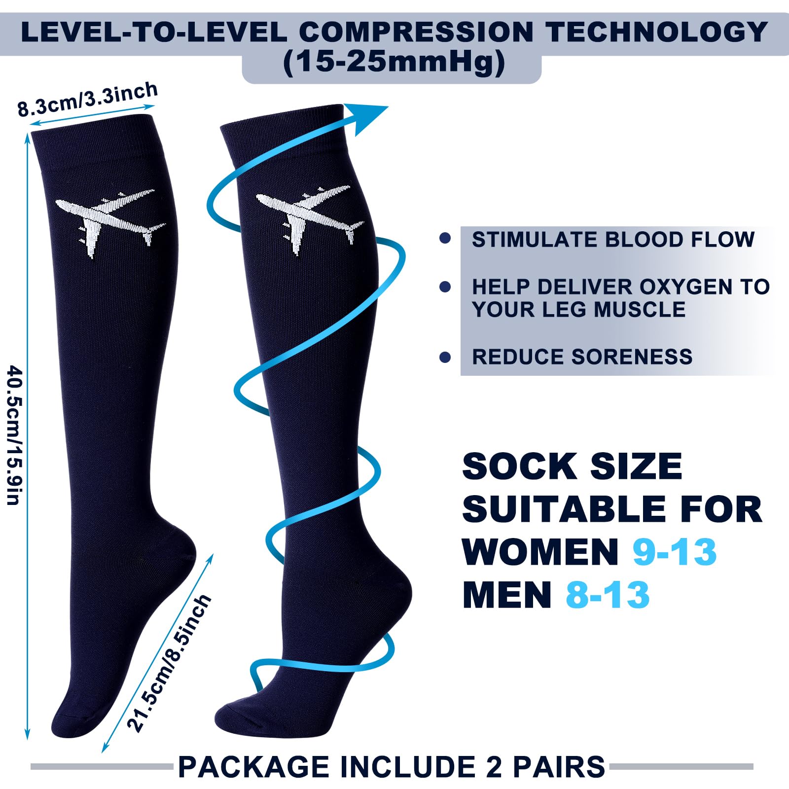 Skicuff 2 Pairs Travel Compression Socks for Men Women 15-25 mmHg Graduated Knee High Compression Socks for Flying Travel Airplane Long Flights