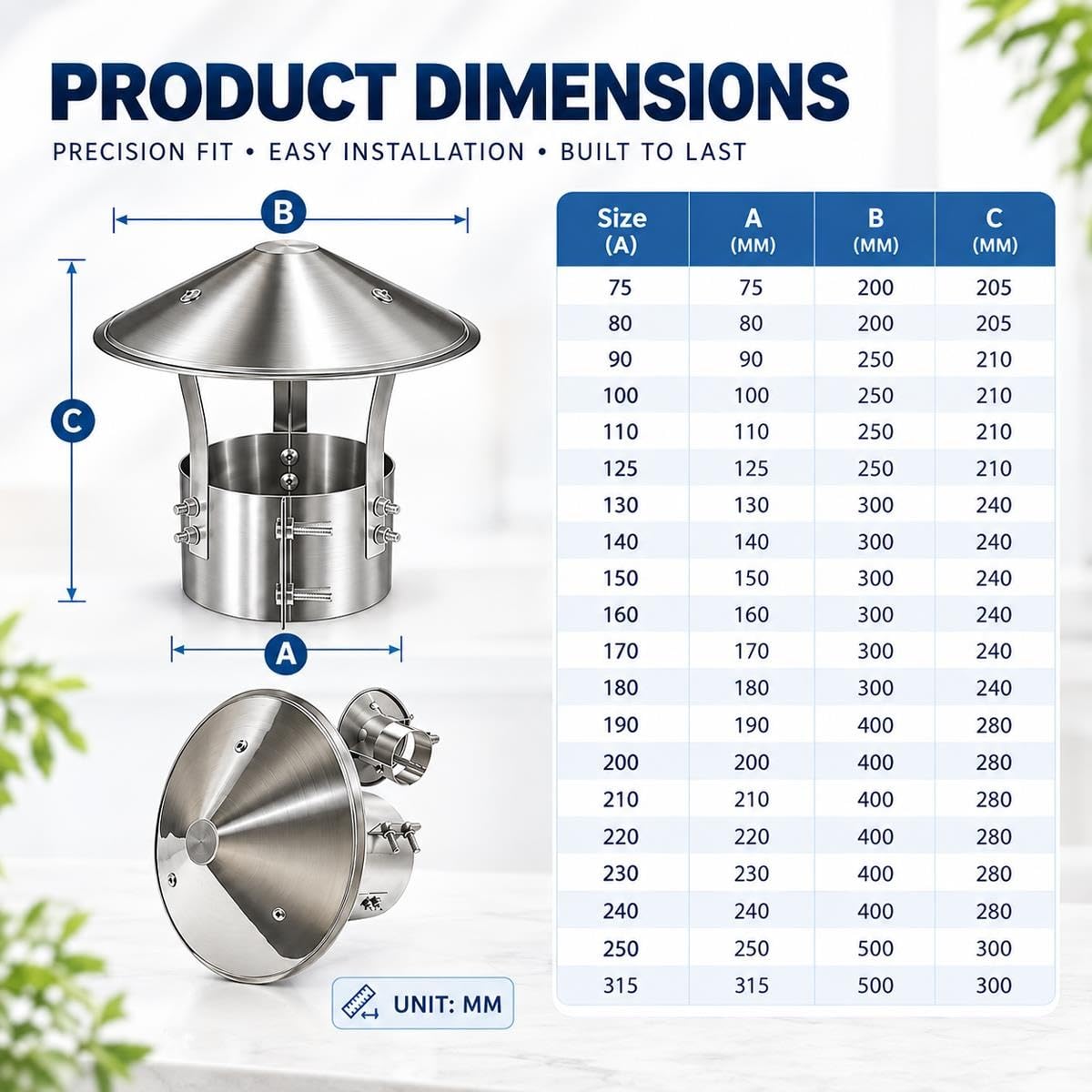 Acciaio Inox 304 Comignolo Terminale Circolare Antiruggine Antipioggia