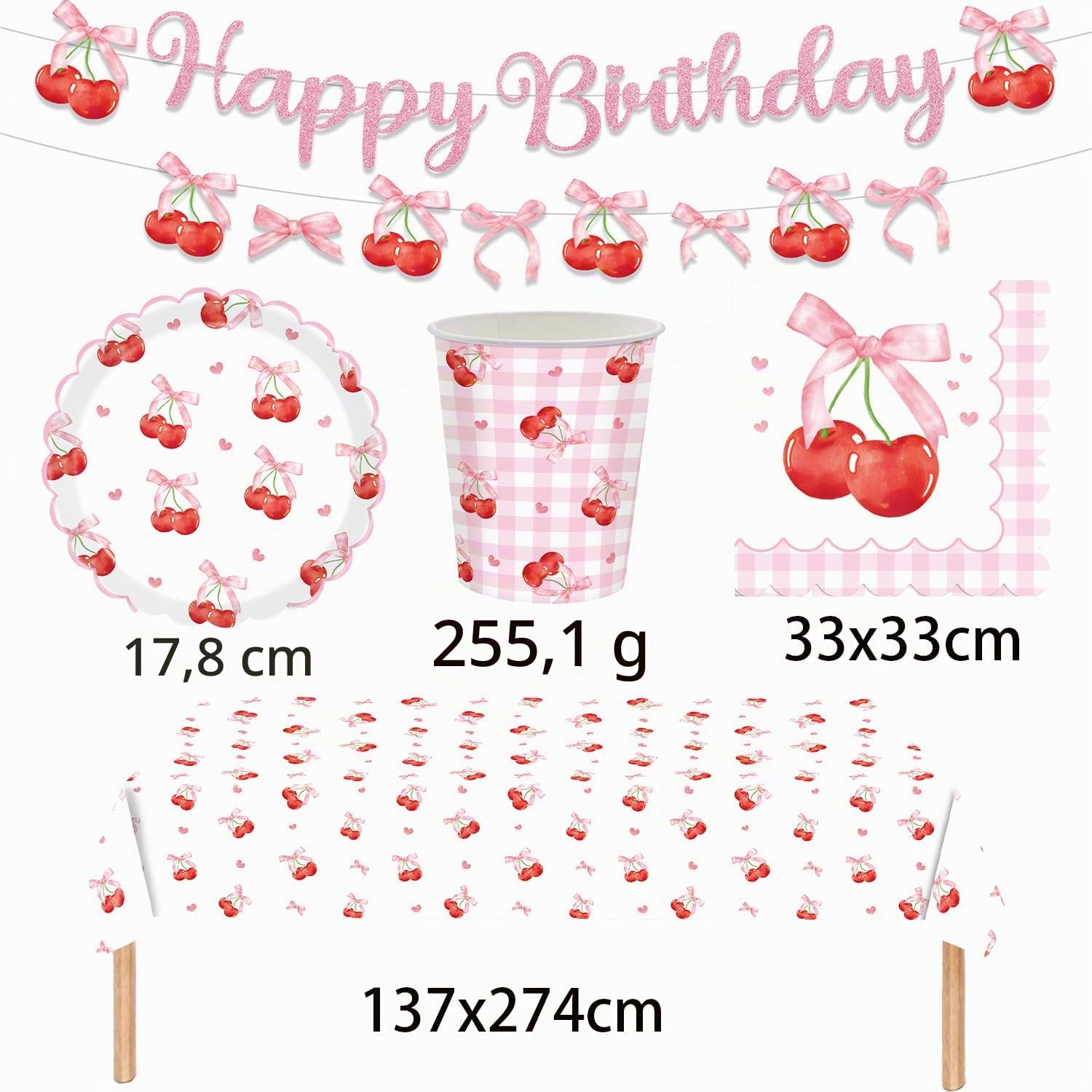61 pezzi rosa Lace Cherry stoviglie per feste di compleanno delle ragazze, include piatti di carta, bicchieri di carta, tovaglioli di carta e tovaglie per una festa di compleanno per 20 persone