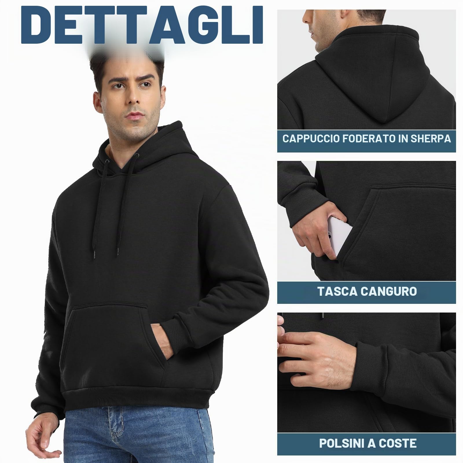 Nadeer Felpe con Cappuccio Uomo Felpa in Pile Manica Lunga Hoodies Invernale Caldo Sweatshirt Pullover con Tasche Sport Fitness