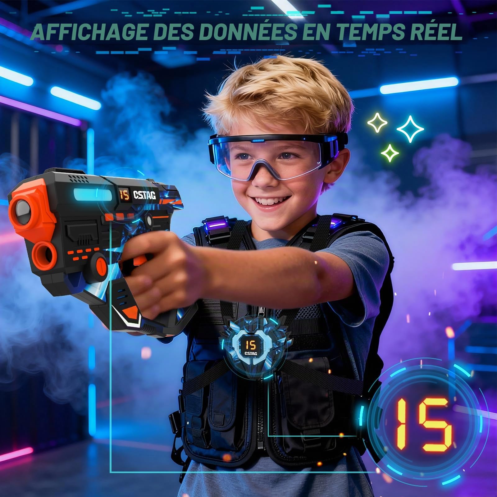 VATOS Ensemble de Laser Tag Rechargeable avec Capteurs 360° pour 4 Joueurs, Infrarouge 2,4 GHz Affichage de Données en Temps Réel, Jeu de Famille et de Groupe pour Enfants et Adolescents, Cadeau pour