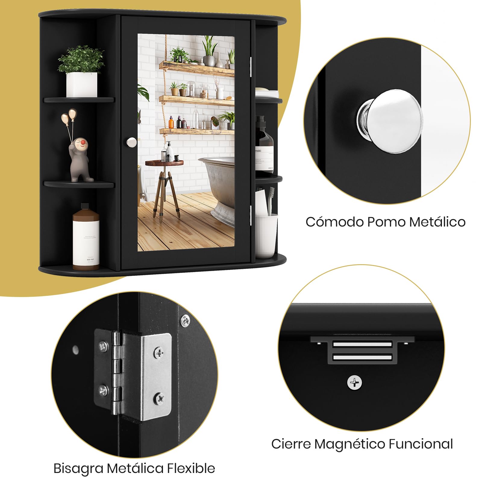 GIANTEX Armario de Baño de Pared, Armario Colgante de Madera con Puertas de Espejo, 6 Compartimentos Laterales y 4 Estantes de Almacenamiento, 65 x 17 x 63 cm (Negro)