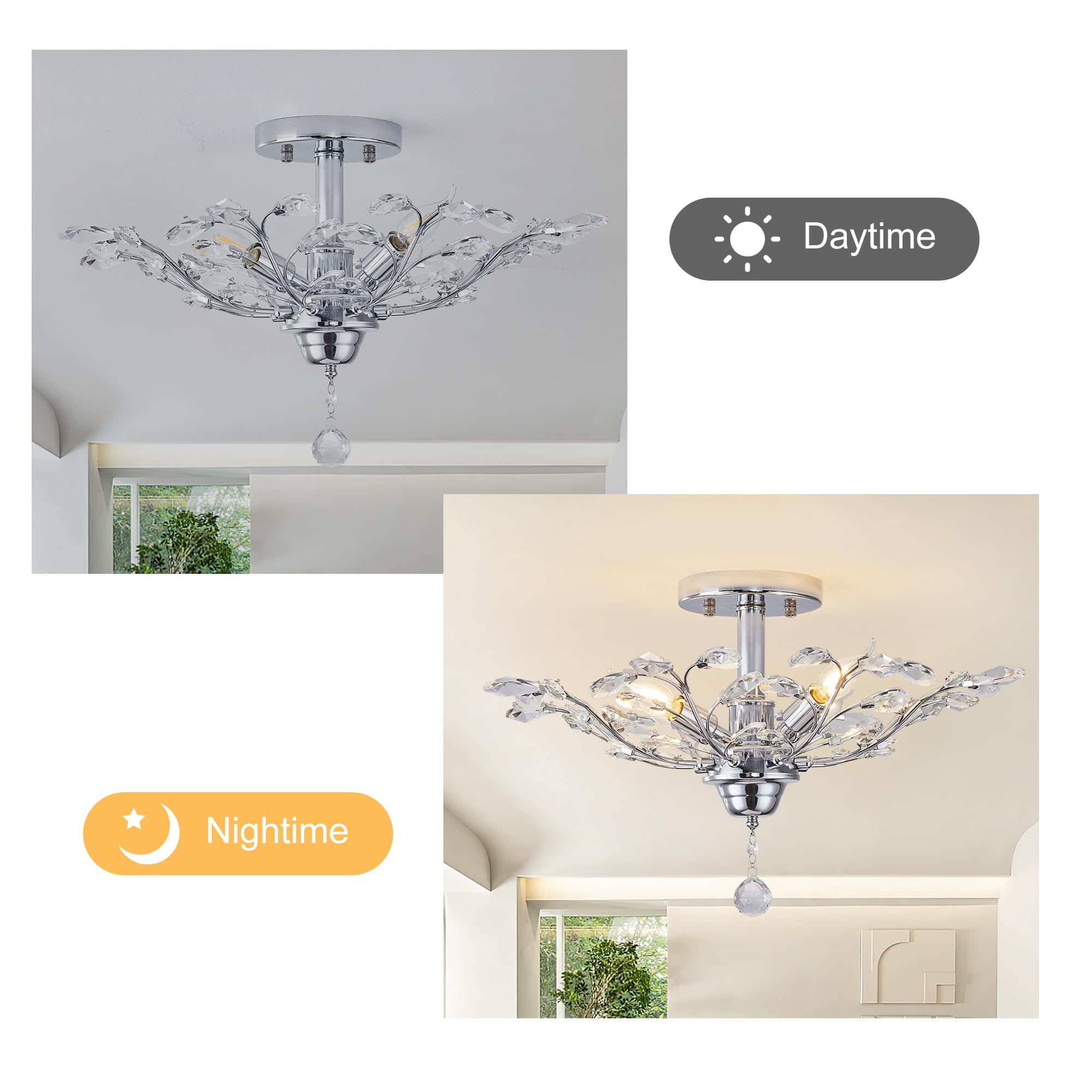 Ganeed Vintage K9 Klare Kristall Kronleuchter Deckenbeleuchtung Pendelleuchte Unterputzleuchte für Wohnzimmer Esszimmer Restaurant Veranda Flur Silber 4 Lichter