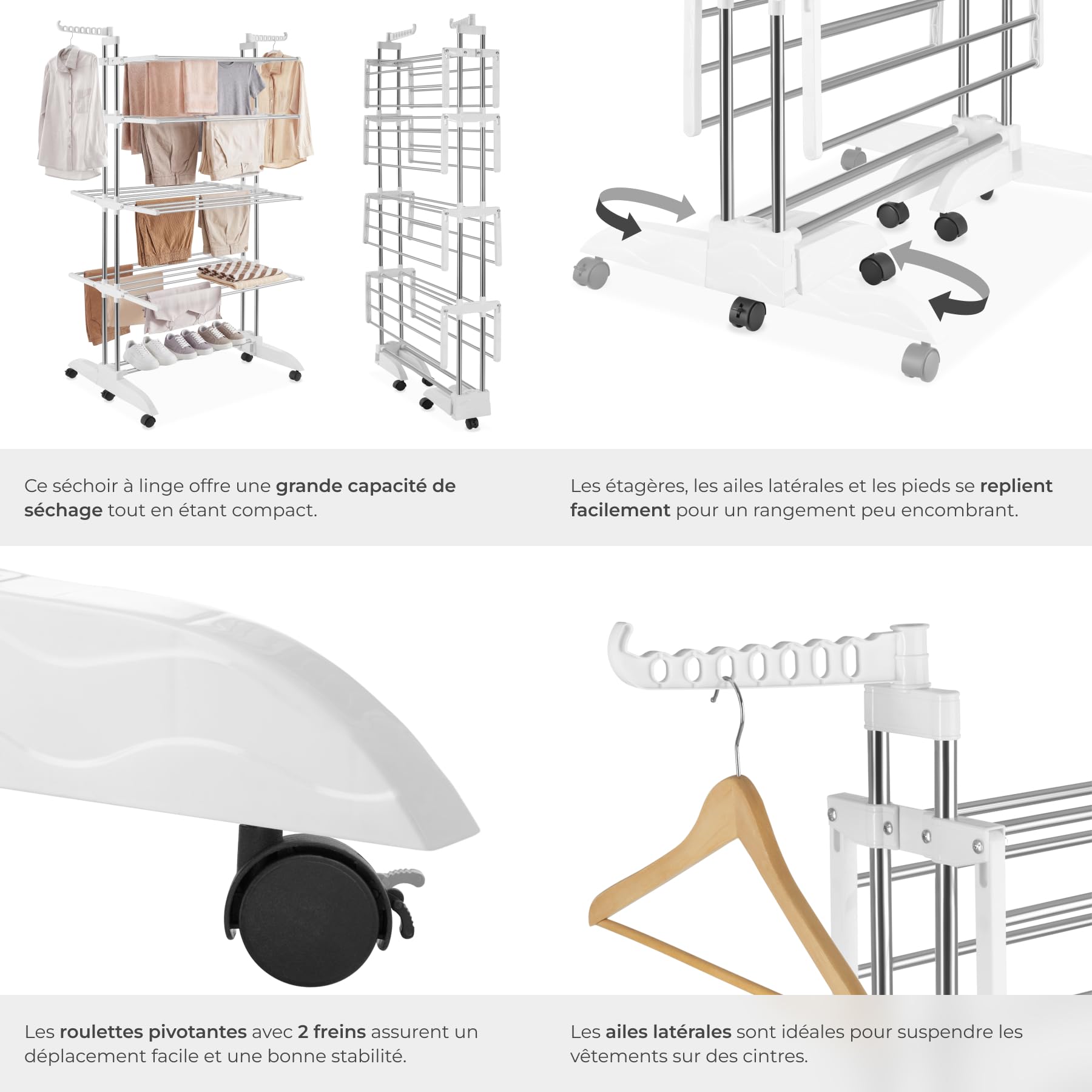 tectake® Séchoir à Linge en Tour Pliable, 125 x 63 x 179 cm, 4 étages et 32 tringles, 6 roulettes Doubles, 2 Ailes latérales pivotantes, Système d'emboîtement, Etendoir Linge Interieur & Extérieur
