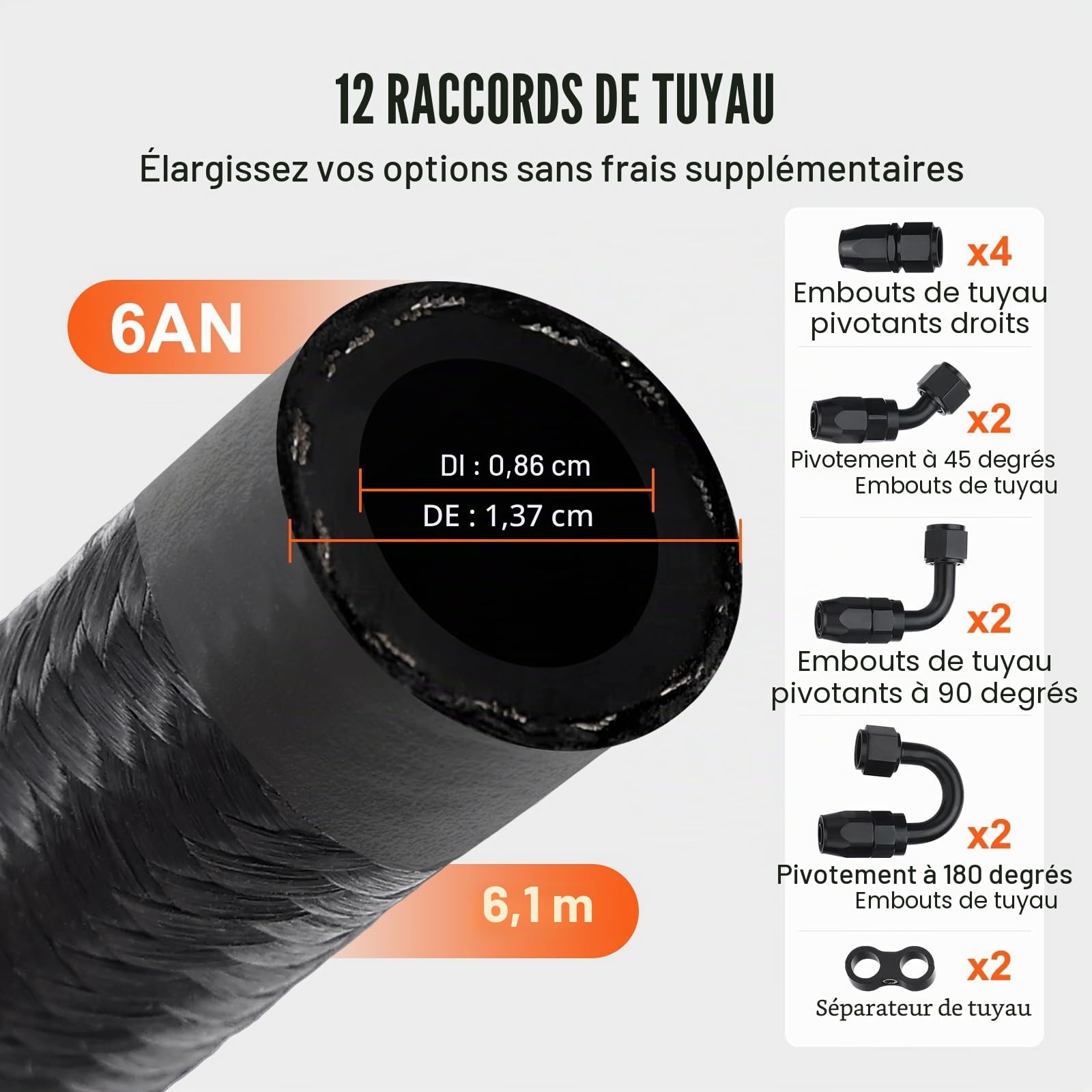 VEVOR Kit Tuyau d'Essence 6AN Durite Essence Ø 14 mm Longueur 6,1 m Tressée en Nylon et Inox Conduite de Carburant Gasoil avec 12 Adaptateurs Raccords Pivotants pour Moteur Voitures Motos Tracteurs