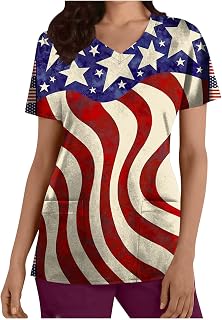 4th of July Working Uniform Tshirts for Women Holiday Tops Short Sleeve Scrub_Tops Nurse Medical Tee Shirts with Pocket