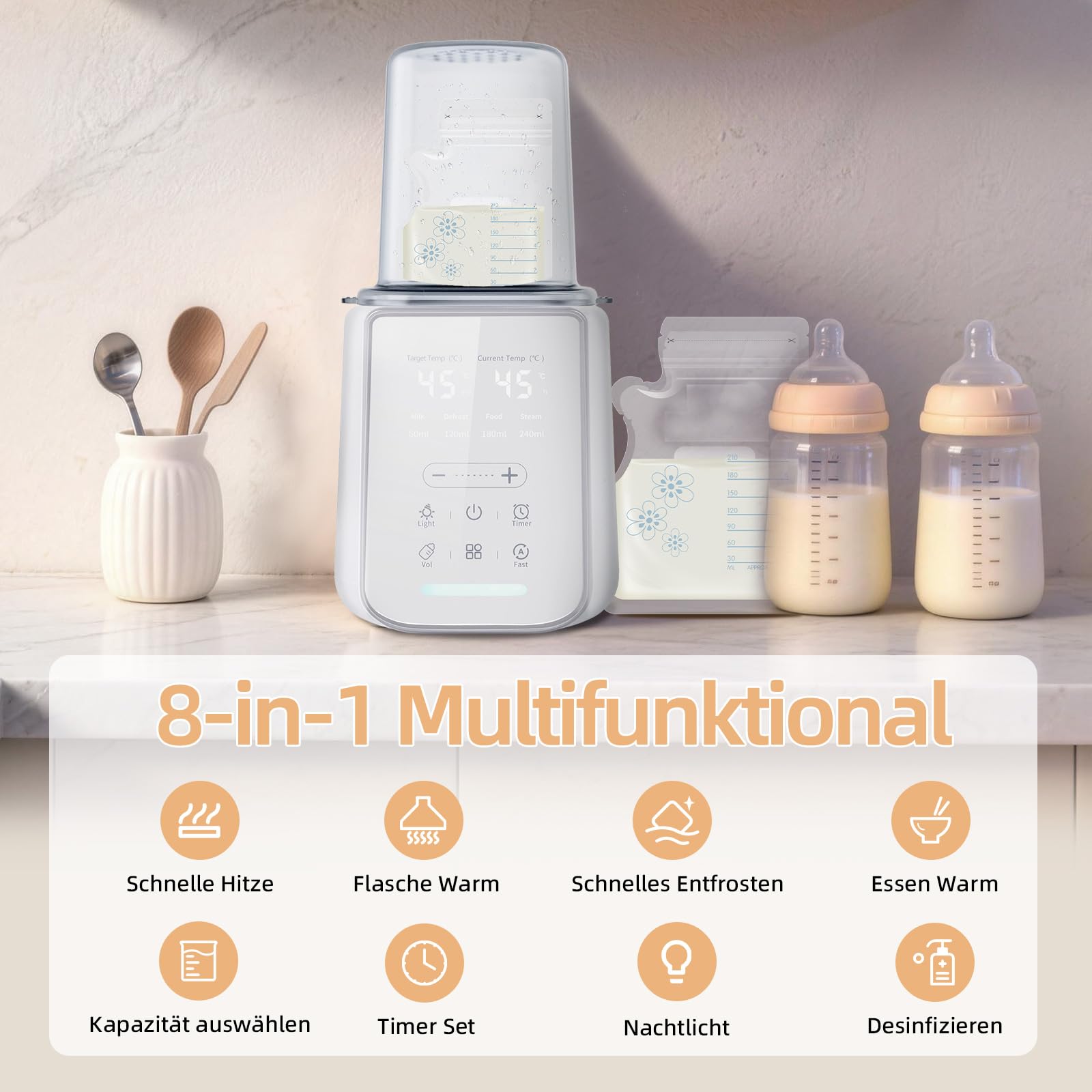 Calentador de leche materna 8 en 1 con luz nocturna, calentamiento rápido y esterilizador, adecuado para todos los biberones con leche materna o fórmula infantil