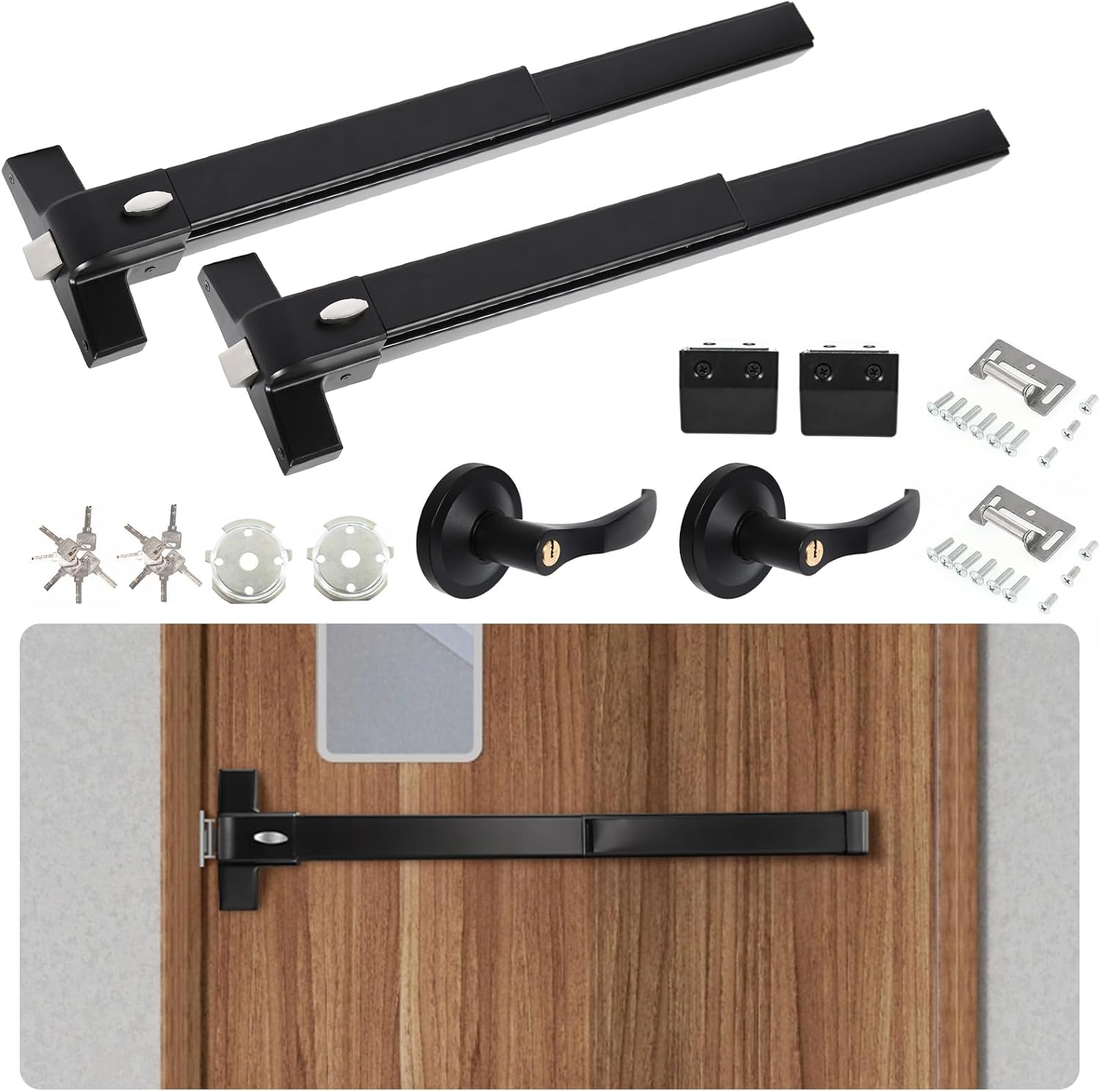 BEAMNOVA 2 Pack Commercial Door Push Bar Exterior Lever Panic Exit Device Lock Key Set Gate Roller Strike Plate End Cap Metal Parts, for 27.5 to 41 inches Wide Door, Black