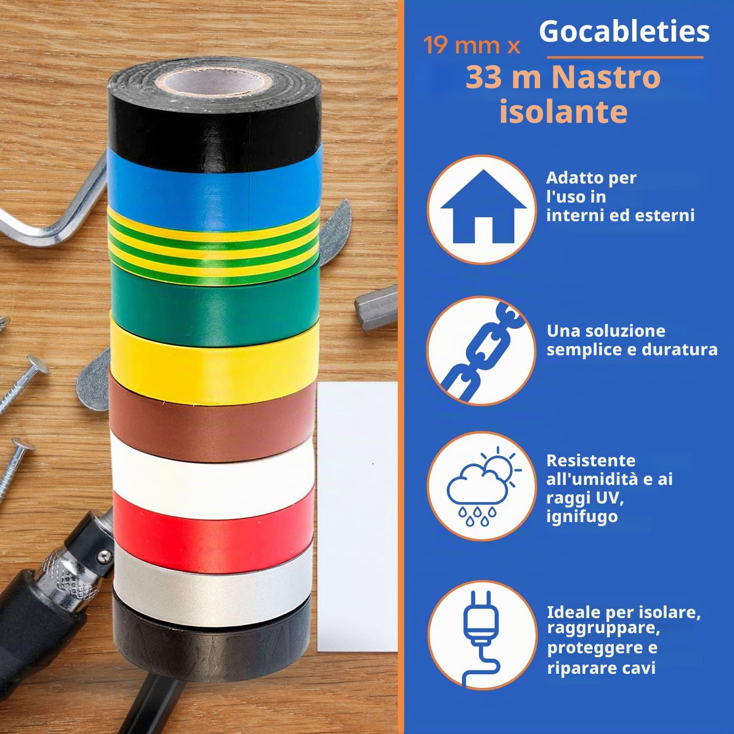 GTSE - Nastro isolante set colorato - 19 mm x 33 m - Robusto ed autoadesivo - Per proteggere, unire e riparare cavi - 10 rotoli