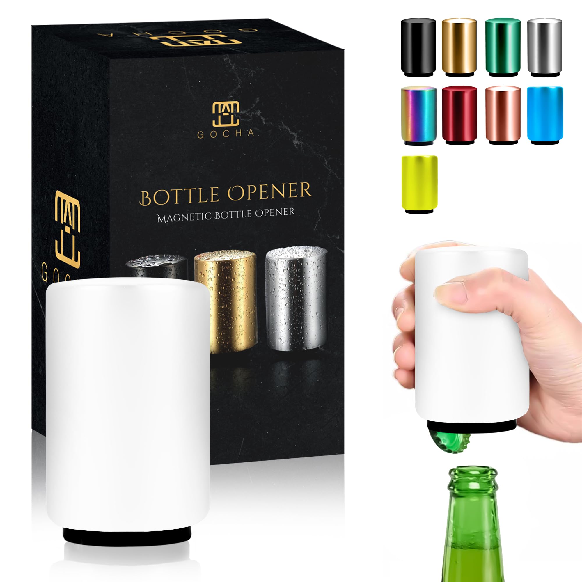 GOCHA | Magnetic Bottle Opener with Automatic Cap Catcher | Premium Stainless Steel Beer & Soda Bottle Opener | Push & Pull Design | Portable Bar Accessory (White)