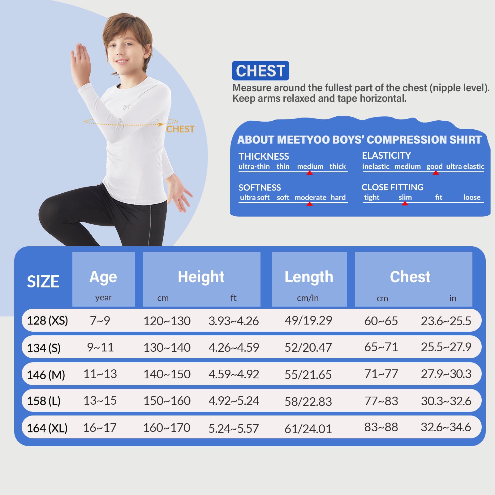 MEETYOO Maglia a Compressione per Ragazzi Lunga Camicie a Compressione per Bambini Maglietta Intima Sportiva Base Layer Traspirante ad Asciugatura Rapida Adatto per Corsa,Palestra,Basket,Calcio