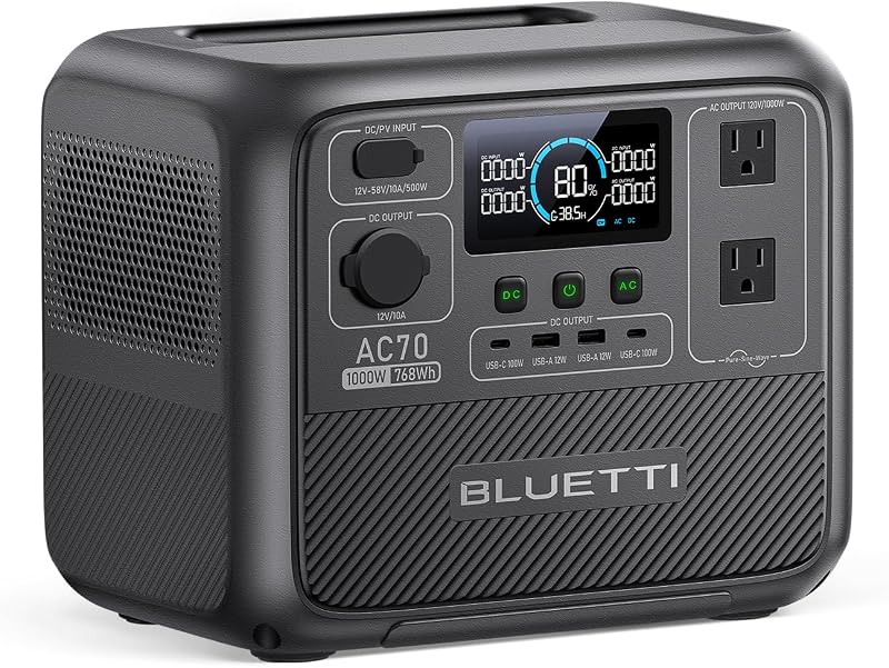 Central eléctrica portátil BLUETTI AC70, generador solar con batería LFP de 768Wh y 1000W | Power Lifting 2000W, 45 min 0-80% de carga rápida, UPS de 20 ms, energía de respaldo de emergencia para apagones, campamentos, apagones y viajes por carretera