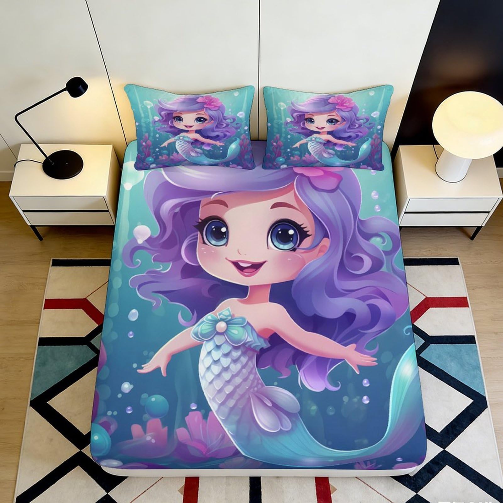 3D Printed Purple Mermaid Fitted Sheet Microfiber Soft Breathable Underwater Scene Bed Cover for Bedroom Dormitory Guest Room Mattress Protection Decor 140x200x25cm